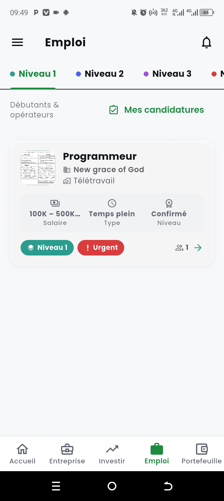 Écran Emplois — offres d'emploi